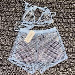 Hot & Delicious Light Blue Mesh Stretchy Sequin Bikini Set Small